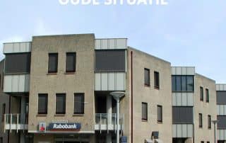 Oude gevel van de Rabobank in Raalte voordat MTB de verbouwing en de transformatie tot cultureel centrum had gerealiseerd