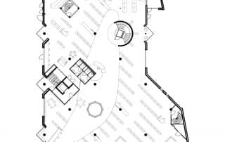 Plattegrond van de begane grond van Kulturhus in Raalte Dit is een bank die omgebouwd is tot cultuurhuis en bibliotheek Hierbij was de voornaamste architectonisch ingreep op het gebied van interieur